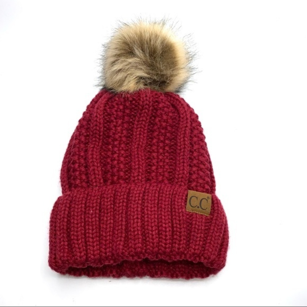 - CC burgandy dark red fur Pom pom beanie hat knit C.C